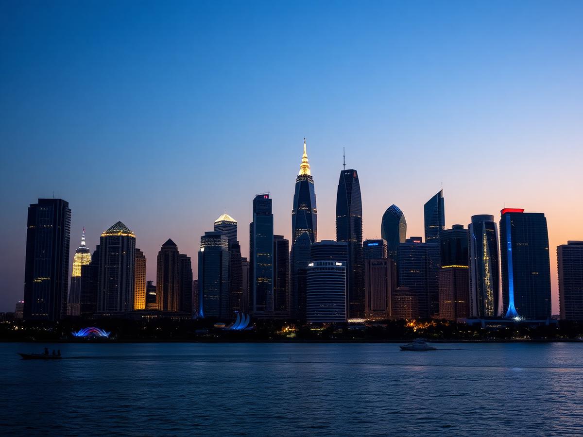 Horizonte de torres de cristal de la Ciudad de Panamá al atardecer visto desde la bahía