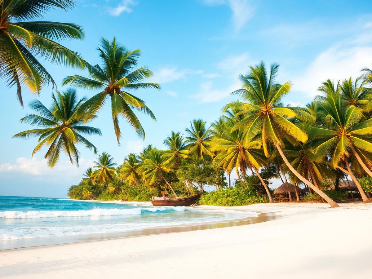 Playa de arena blanca del Pacífico bordeada de palmeras en la costa panameña