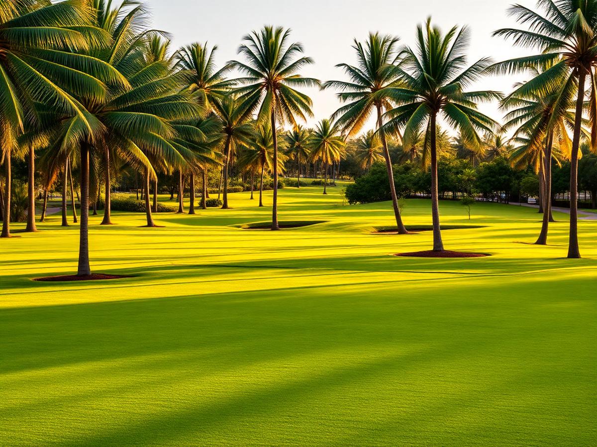 Calle bordeada de palmeras en el Santa María Golf and Country Club en Panamá